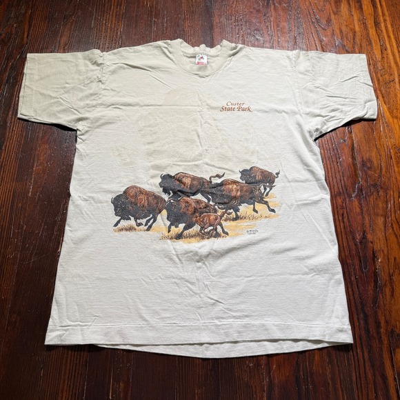 Fruit of the Loom Other - Vintage 1995 Custer State Park Shirt Men XL Tan 90s USA Bison Single Stitch FOTL